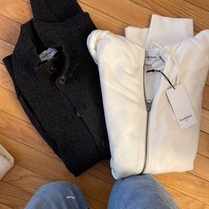 One charcoal sweater button-down, 1 white/cream, zipper down hoodie